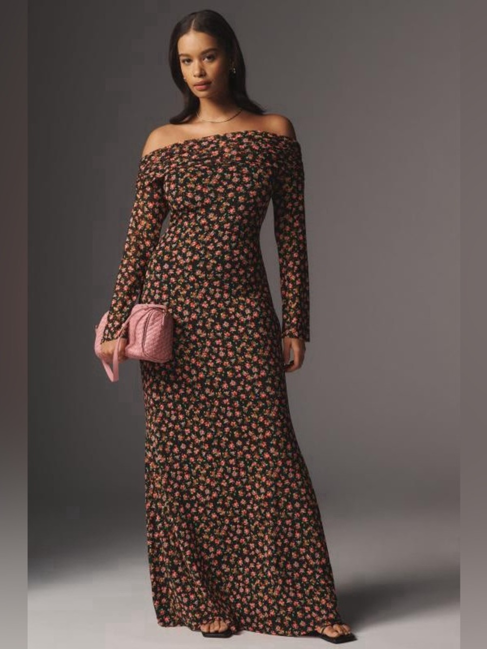 AFRM Thelma Off Shoulder Floral Mesh Maxi Dress Black 1X Tall